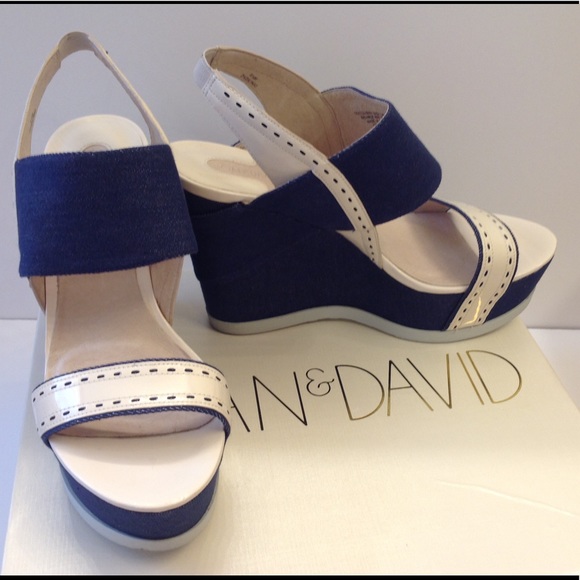 Joan & David- Denim platform wedge blue/tan “5” heels - Picture 2 of 8